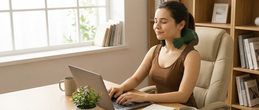 Professional using a therapeutic neck and shoulder massager while working at a desk to prevent text neck.