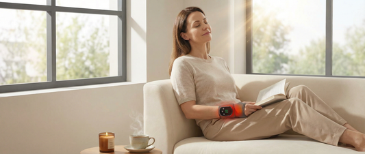 A person experiencing deep relief with Therapeutic Compression Massage using Wellivu ZenPulse at home.