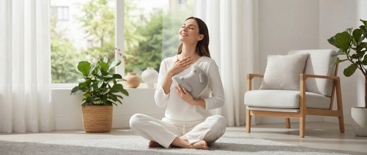 A woman experiencing pain relief and relaxation using the Wellivu therapeutic neck and shoulder massager.