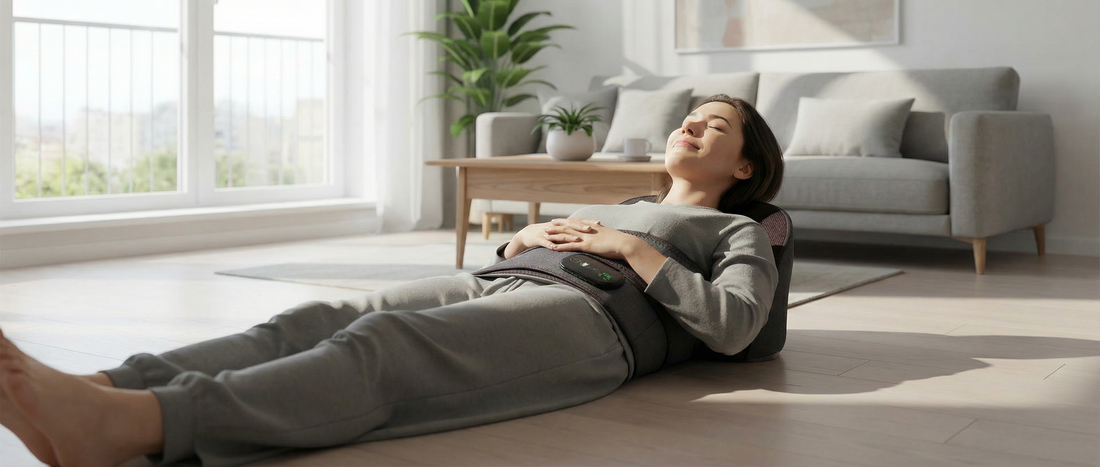 A person lying on the Wellivu SpineRevive device in a living room for home spinal decompression and back pain relief.