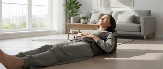 A person lying on the Wellivu SpineRevive device in a living room for home spinal decompression and back pain relief.