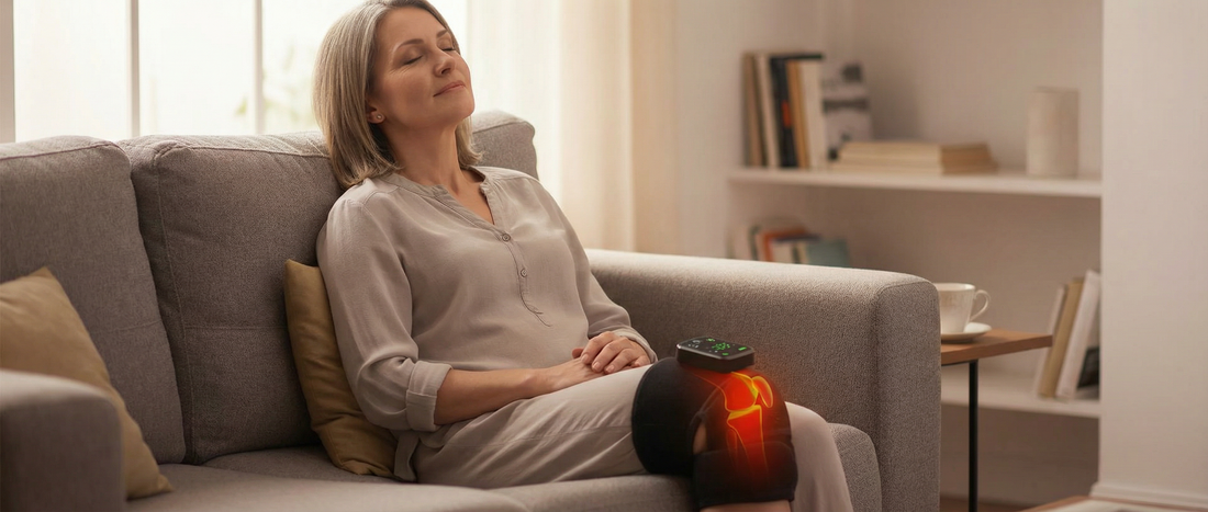 Woman experiencing knee pain in bed considering red light therapy for relief.